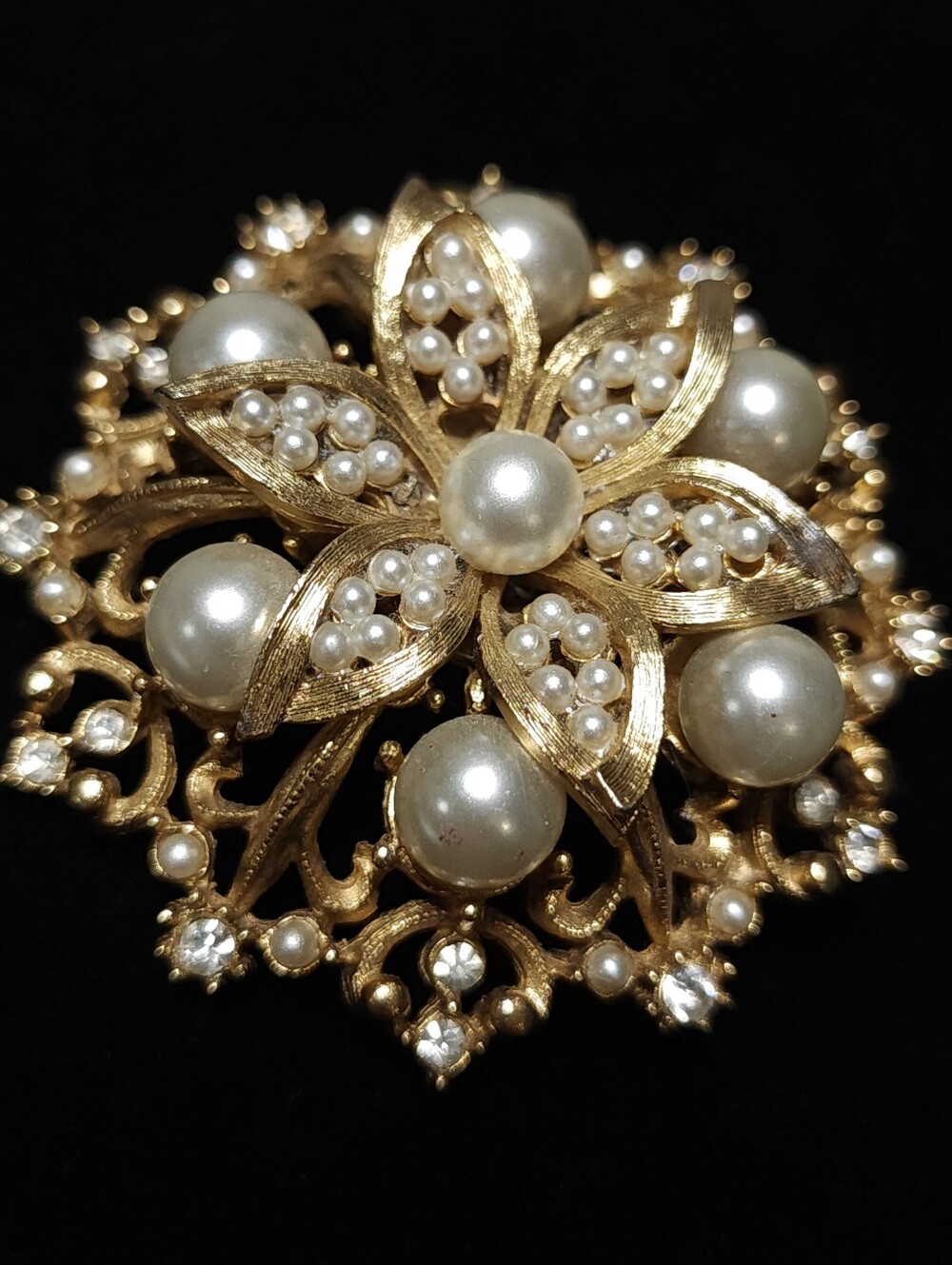 Vintage 3D Layered Faux Pearl and Rhinestone Unsigned Beauty Stunning!